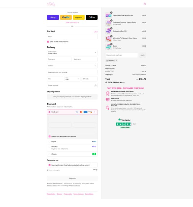 Obvi checkout page showing Obvi discount code box | Screenshot taken by SimplyCodes community member on Sep 4, 2025