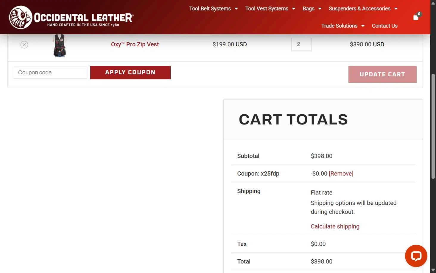 Occidental Leather checkout page showing Occidental Leather coupon code box | Screenshot taken by SimplyCodes community member on Jun 10, 2025