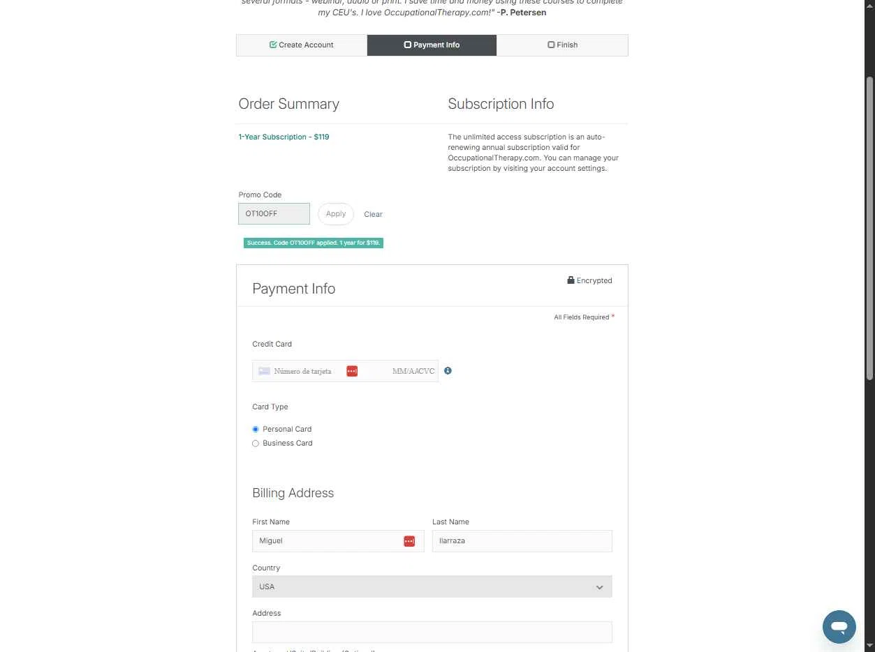 OccupationalTherapy.com checkout page showing OccupationalTherapy.com promo code box | Screenshot taken by SimplyCodes community member on Oct 20, 2025