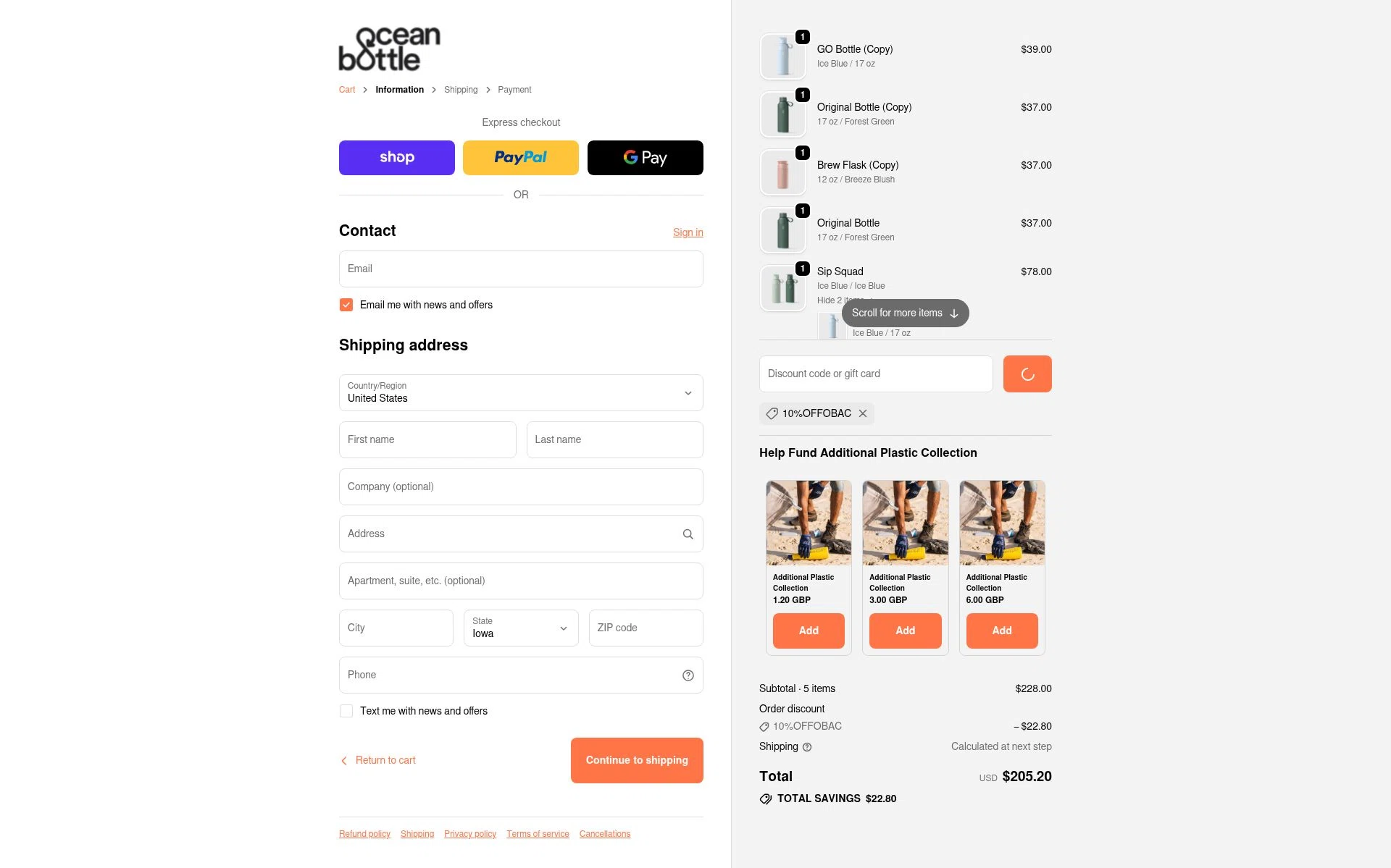 Ocean Bottle checkout page showing Ocean Bottle promo code box | Screenshot taken by SimplyCodes community member on Jan 30, 2026