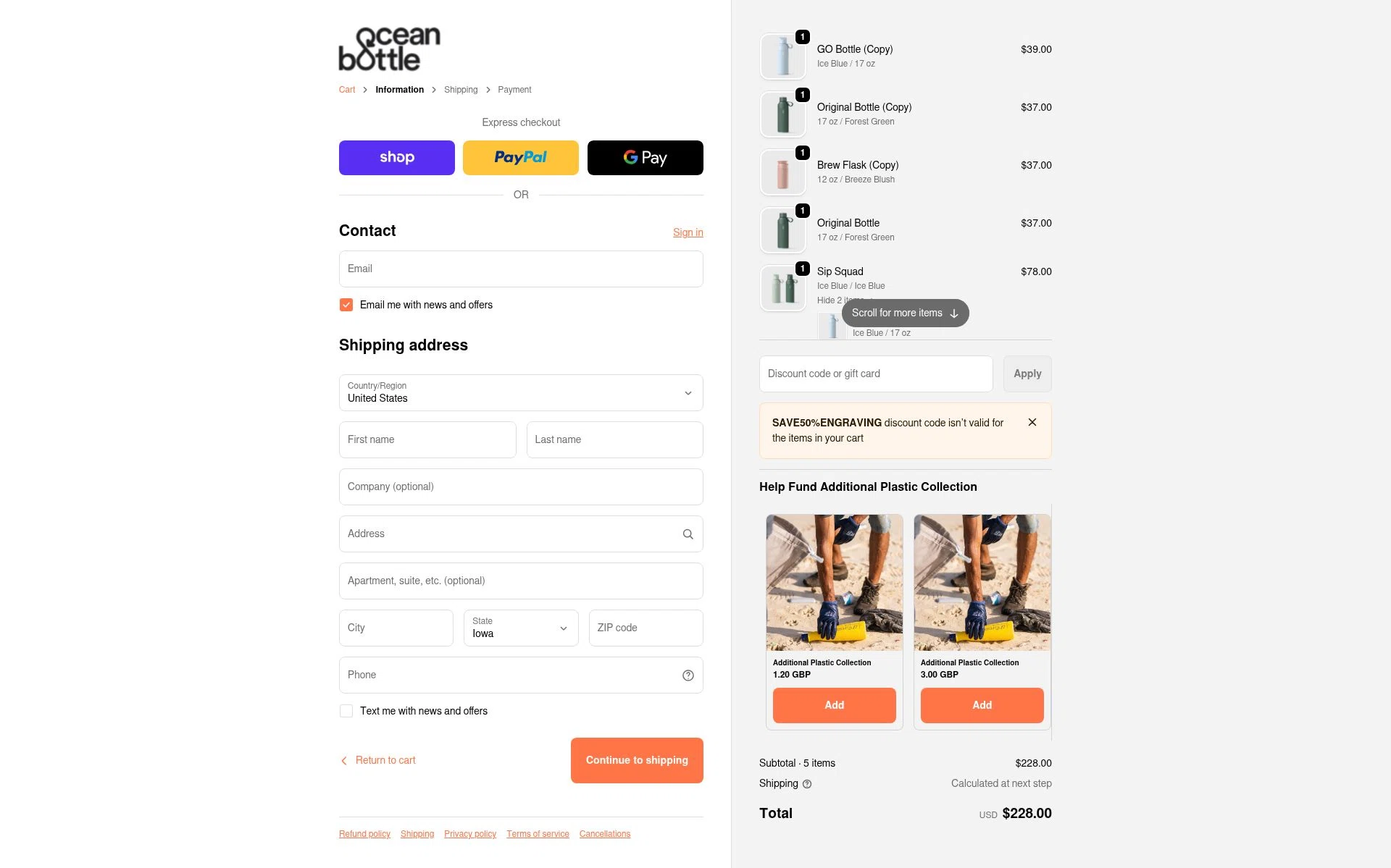 Ocean Bottle checkout page showing Ocean Bottle promo code box | Screenshot taken by SimplyCodes community member on Jan 26, 2026