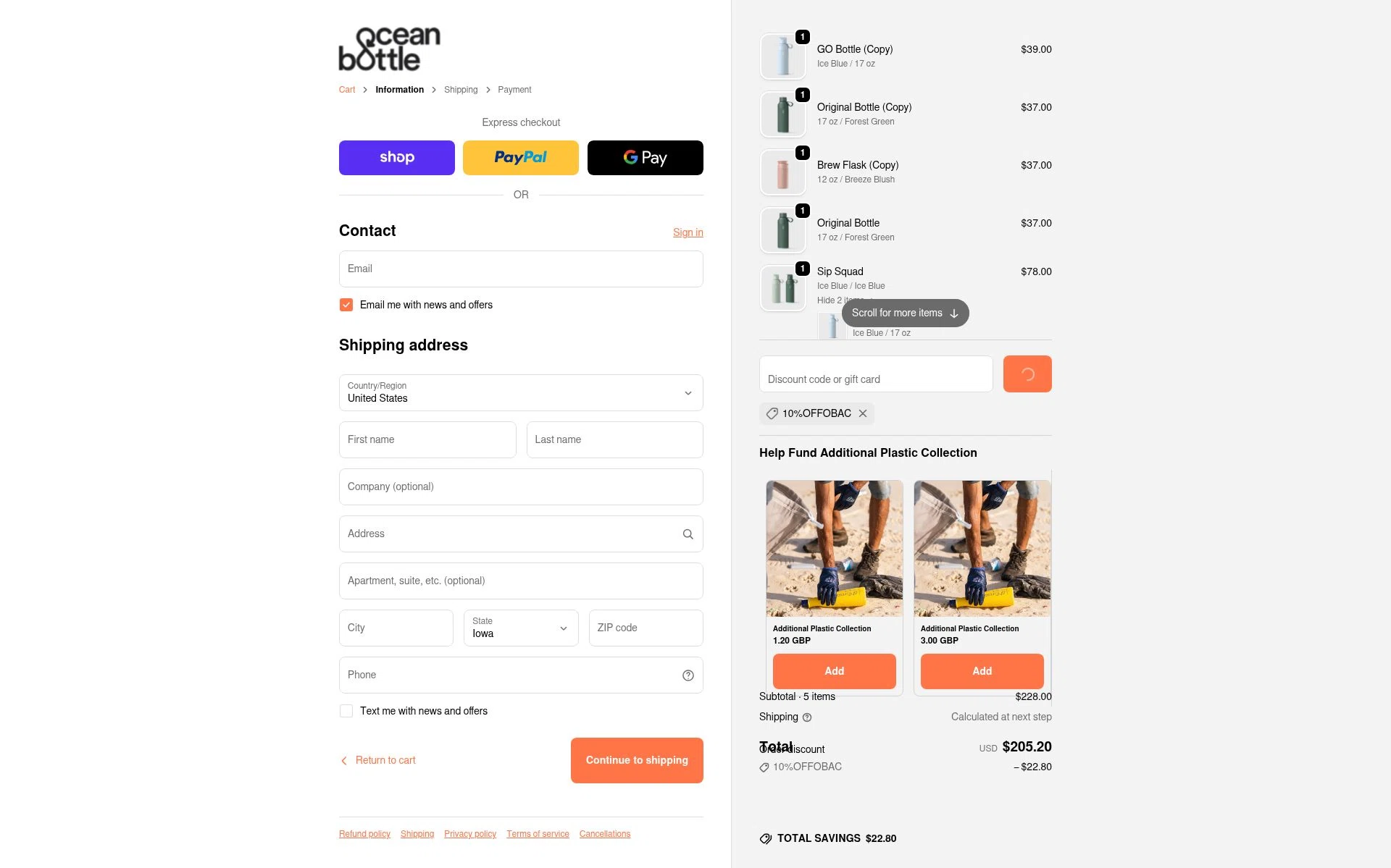 Ocean Bottle checkout page showing Ocean Bottle promo code box | Screenshot taken by SimplyCodes community member on Jan 26, 2026