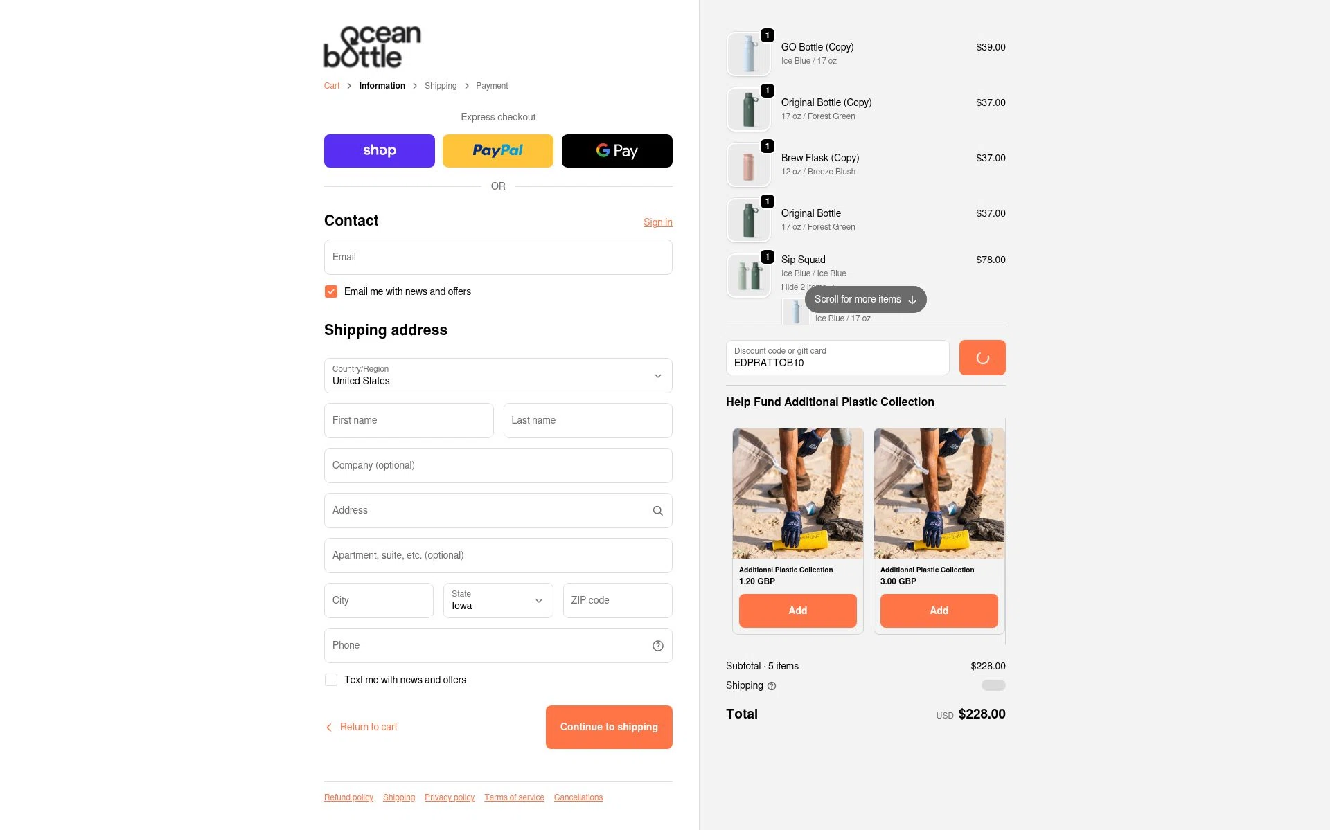Ocean Bottle checkout page showing Ocean Bottle promo code box | Screenshot taken by SimplyCodes community member on Feb 4, 2026