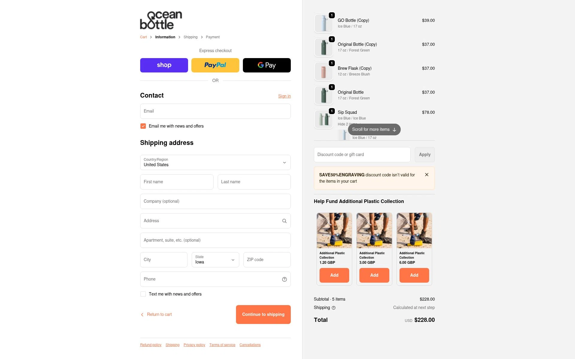 Ocean Bottle checkout page showing Ocean Bottle promo code box | Screenshot taken by SimplyCodes community member on Jan 30, 2026