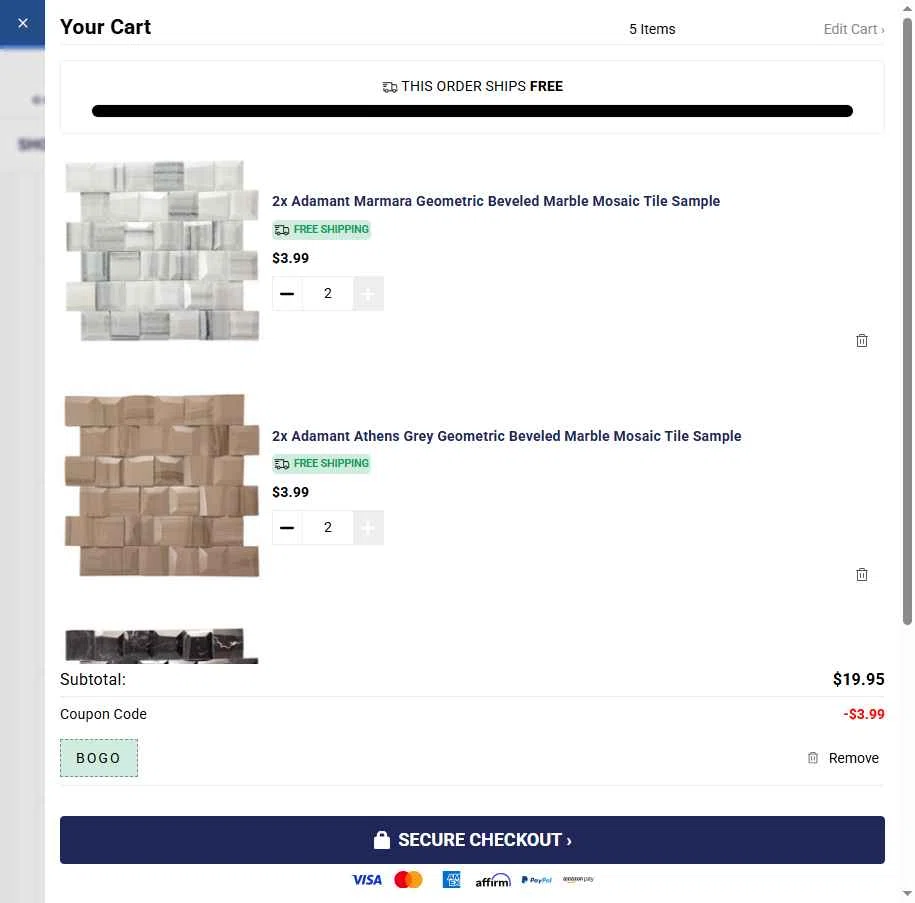 Ocean Mosaics Tiles checkout page showing Ocean Mosaics Tiles promo code box | Screenshot taken by SimplyCodes community member on Sep 15, 2025