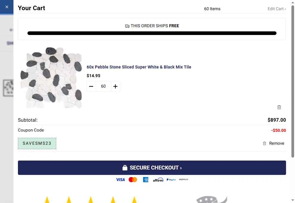 Ocean Mosaics Tiles checkout page showing Ocean Mosaics Tiles promo code box | Screenshot taken by SimplyCodes community member on Jul 8, 2025