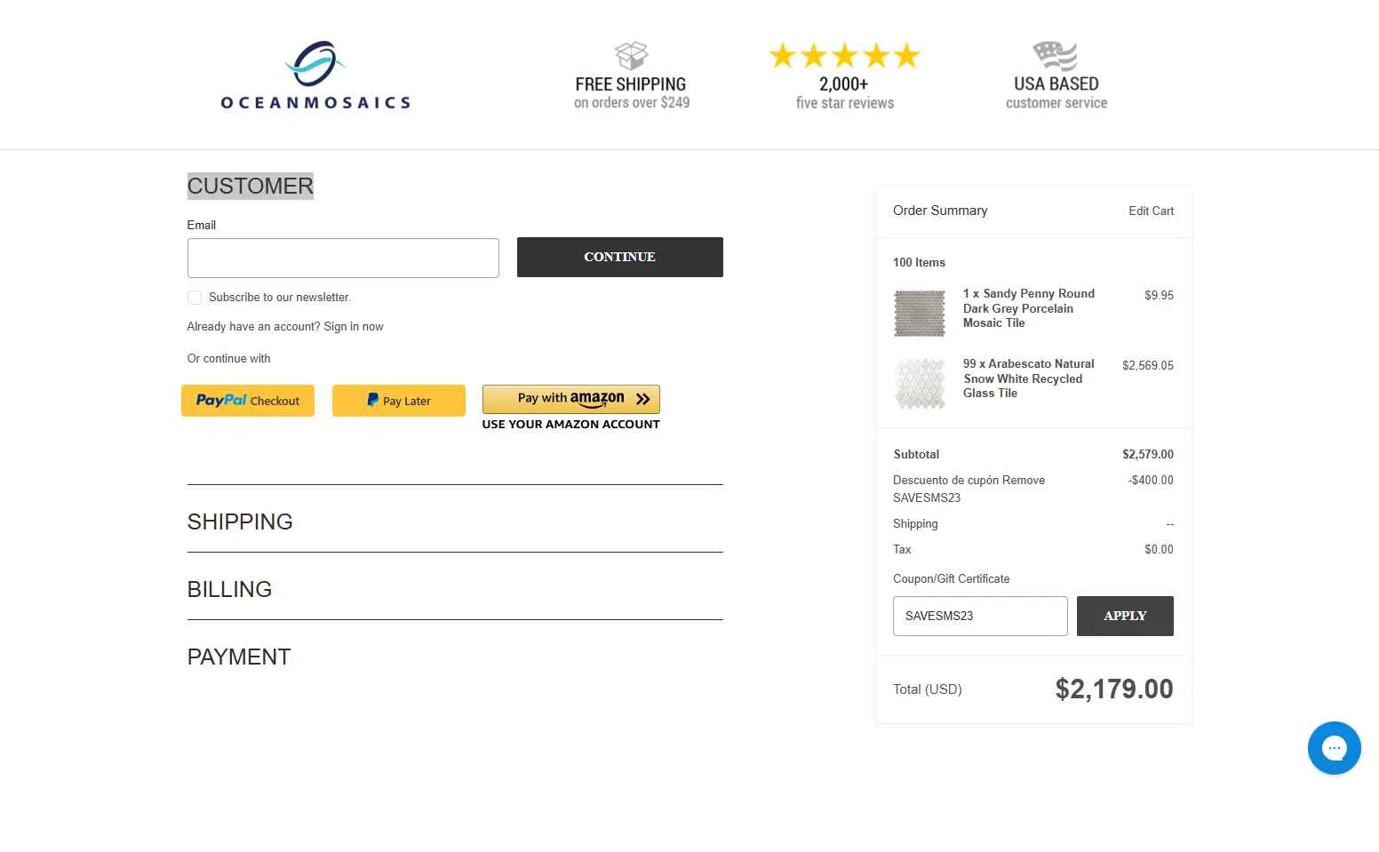 Ocean Mosaics Tiles checkout page showing Ocean Mosaics Tiles promo code box | Screenshot taken by SimplyCodes community member on Jul 8, 2025