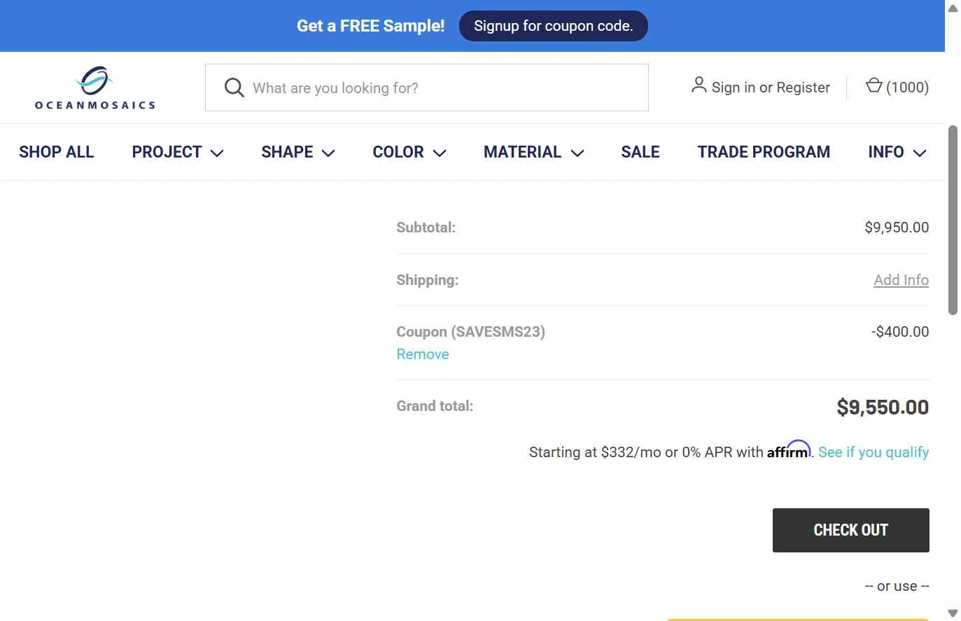 Ocean Mosaics Tiles checkout page showing Ocean Mosaics Tiles promo code box | Screenshot taken by SimplyCodes community member on Jun 2, 2025