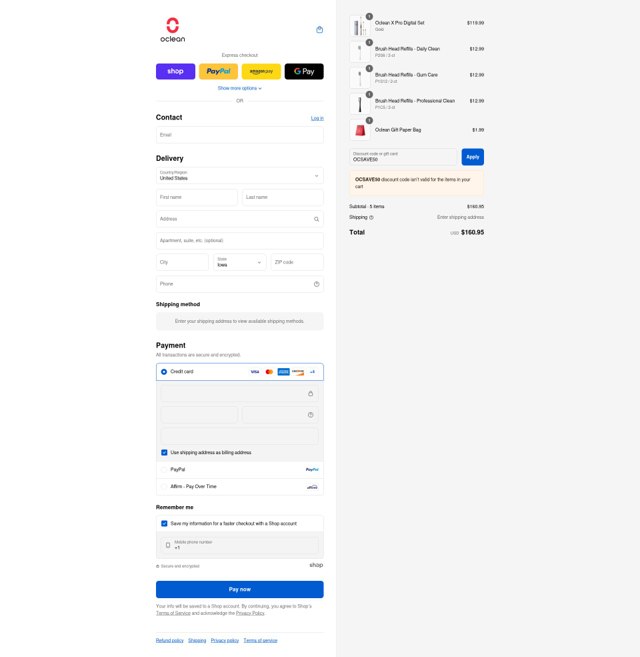 Oclean checkout page showing Oclean promo code box | Screenshot taken by SimplyCodes community member on Sep 4, 2025