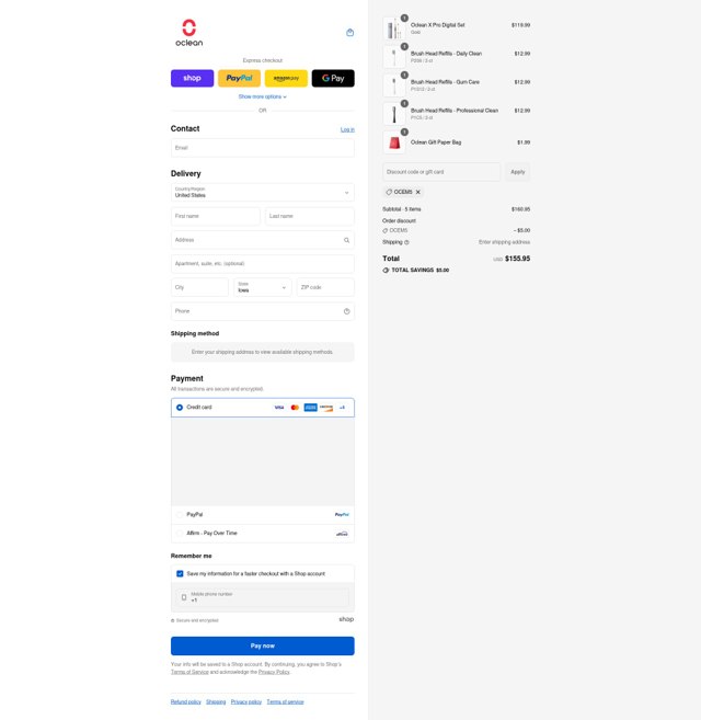 Oclean checkout page showing Oclean promo code box | Screenshot taken by SimplyCodes community member on Sep 4, 2025