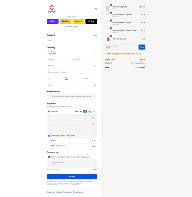 Oclean checkout page showing Oclean promo code box | Screenshot taken by SimplyCodes community member on Sep 4, 2025