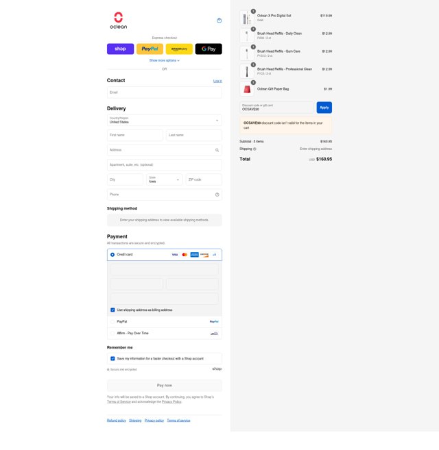 Oclean checkout page showing Oclean promo code box | Screenshot taken by SimplyCodes community member on Sep 4, 2025
