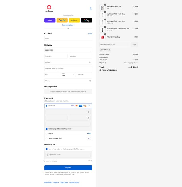 Oclean checkout page showing Oclean promo code box | Screenshot taken by SimplyCodes community member on Sep 4, 2025