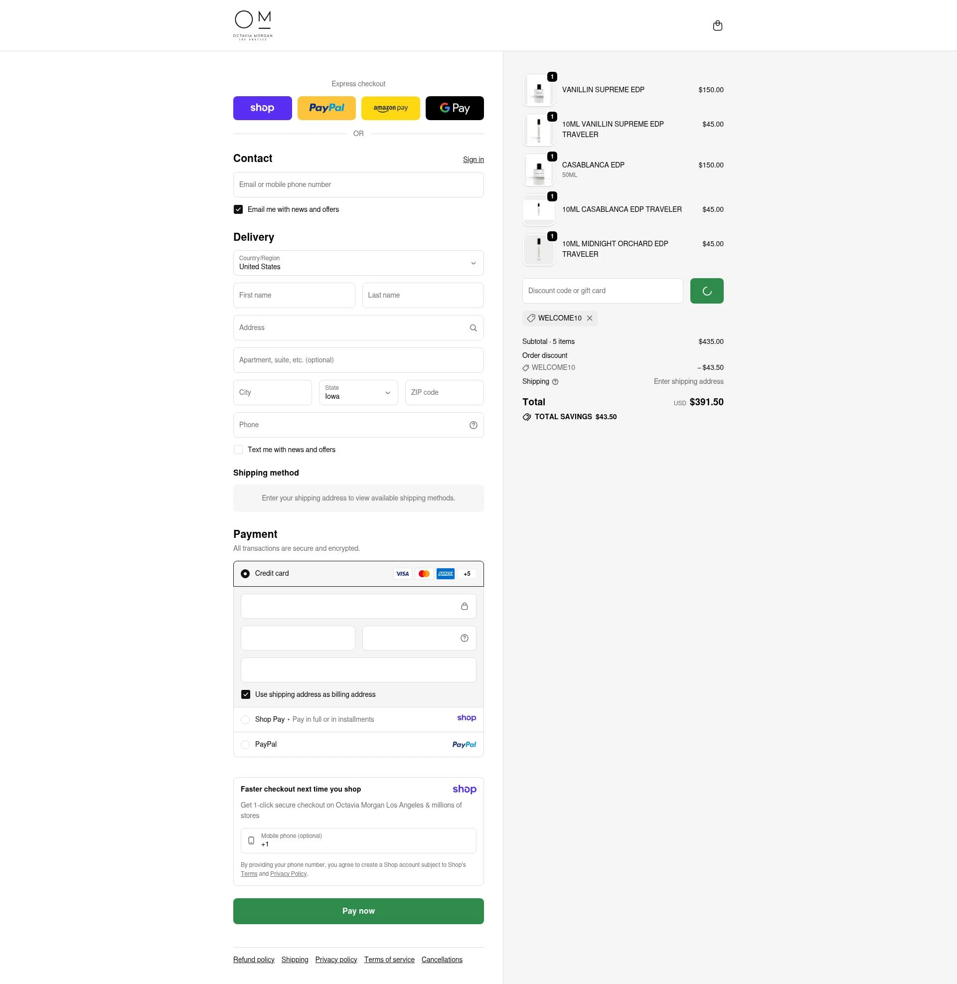 Octavia Morgan checkout page showing Octavia Morgan promo code box | Screenshot taken by SimplyCodes community member on Jan 10, 2026