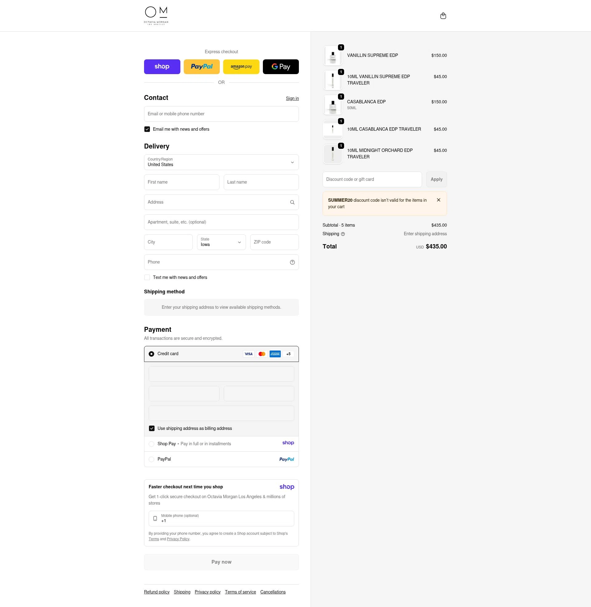 Octavia Morgan checkout page showing Octavia Morgan promo code box | Screenshot taken by SimplyCodes community member on Jan 10, 2026