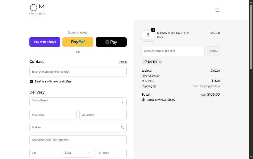 Octavia Morgan checkout page showing Octavia Morgan promo code box | Screenshot taken by SimplyCodes community member on Jan 10, 2026
