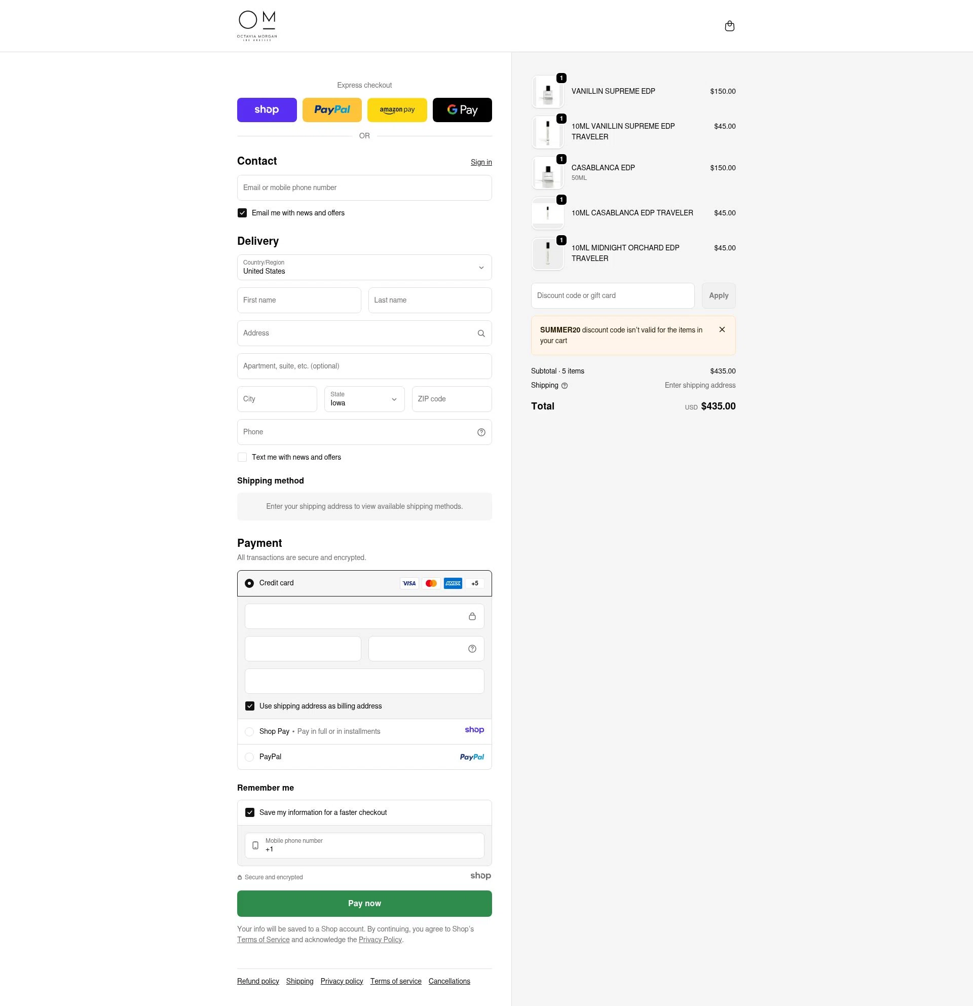 Octavia Morgan checkout page showing Octavia Morgan promo code box | Screenshot taken by SimplyCodes community member on Jan 5, 2026