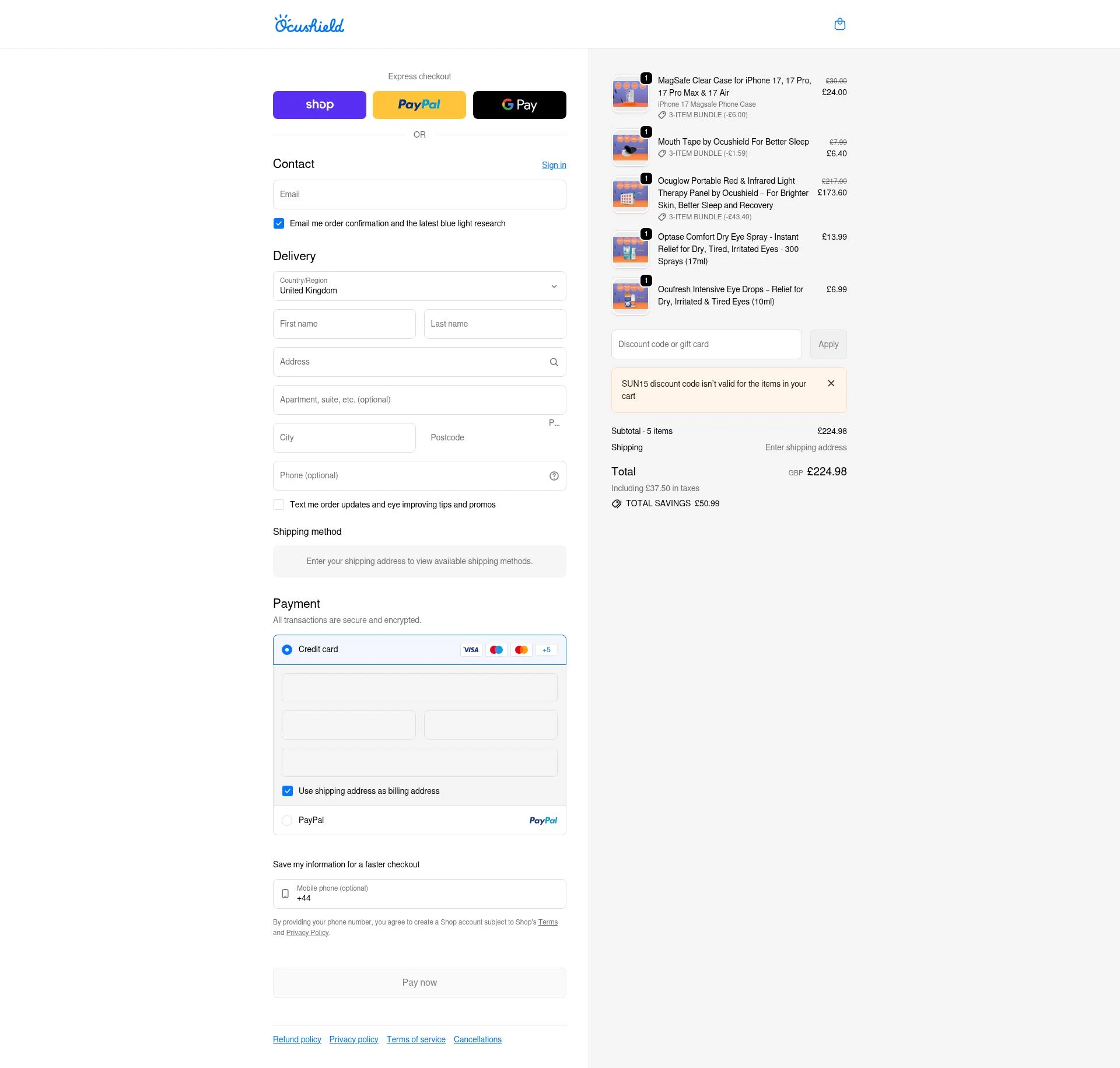 Ocushield checkout page showing Ocushield discount code box | Screenshot taken by SimplyCodes community member on Feb 13, 2026