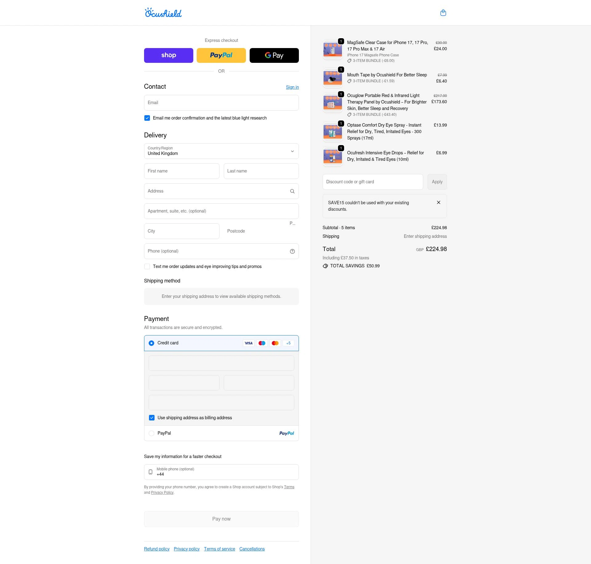 Ocushield checkout page showing Ocushield discount code box | Screenshot taken by SimplyCodes community member on Feb 13, 2026