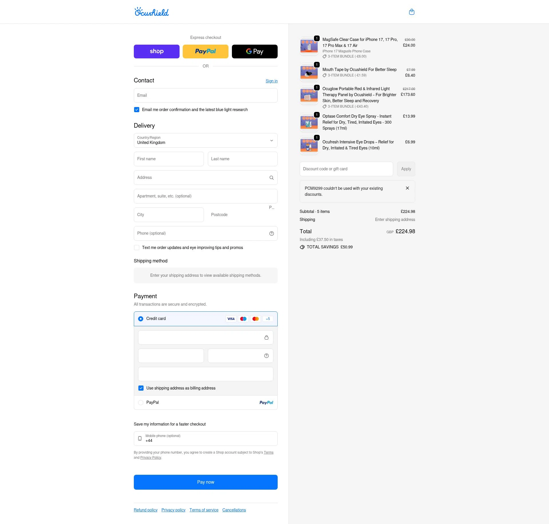 Ocushield checkout page showing Ocushield discount code box | Screenshot taken by SimplyCodes community member on Feb 13, 2026
