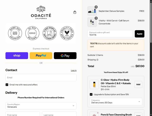 Odacite checkout page showing Odacite promo code box | Screenshot taken by SimplyCodes community member on Sep 8, 2025