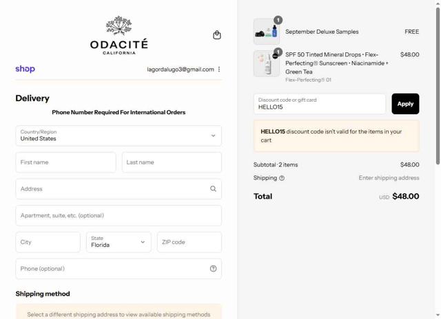 Odacite checkout page showing Odacite promo code box | Screenshot taken by SimplyCodes community member on Sep 8, 2025