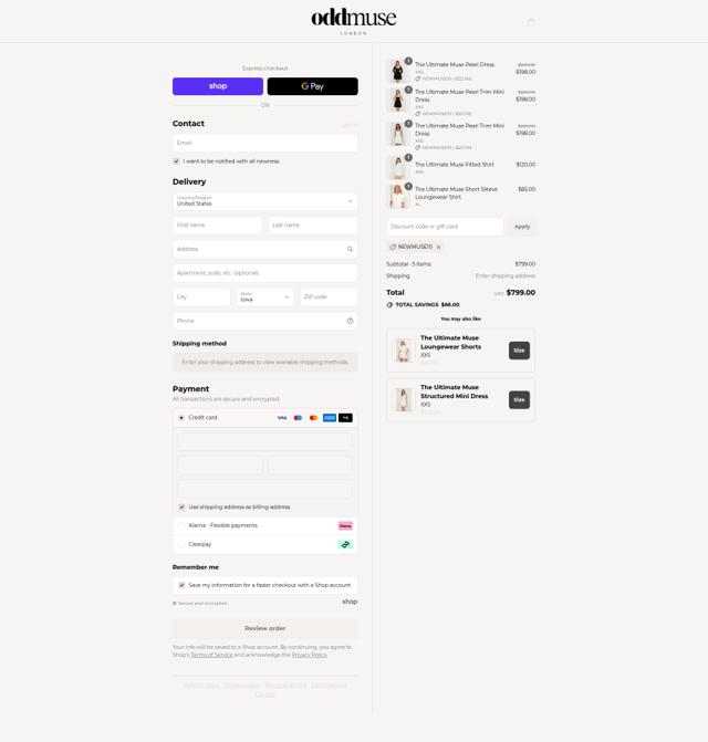 Odd Muse checkout page showing Odd Muse discount code box | Screenshot taken by SimplyCodes community member on Sep 8, 2025