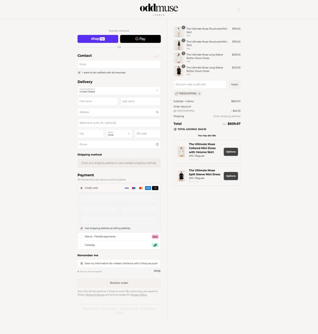 Odd Muse checkout page showing Odd Muse discount code box | Screenshot taken by SimplyCodes community member on Aug 8, 2025