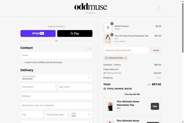 Odd Muse checkout page showing Odd Muse discount code box | Screenshot taken by SimplyCodes community member on Aug 20, 2025