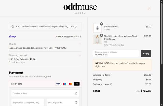 Odd Muse checkout page showing Odd Muse discount code box | Screenshot taken by SimplyCodes community member on Sep 9, 2025