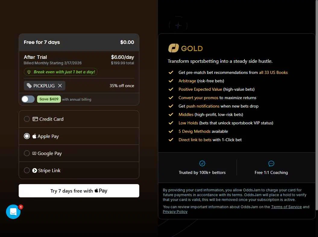 OddsJam checkout page showing OddsJam promo code box | Screenshot taken by SimplyCodes community member on Feb 10, 2026