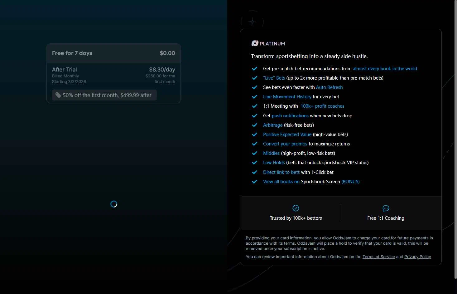 OddsJam checkout page showing OddsJam promo code box | Screenshot taken by SimplyCodes community member on Feb 23, 2026