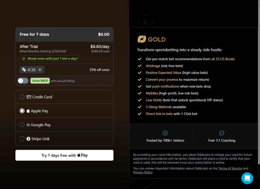 OddsJam checkout page showing OddsJam promo code box | Screenshot taken by SimplyCodes community member on Feb 11, 2026