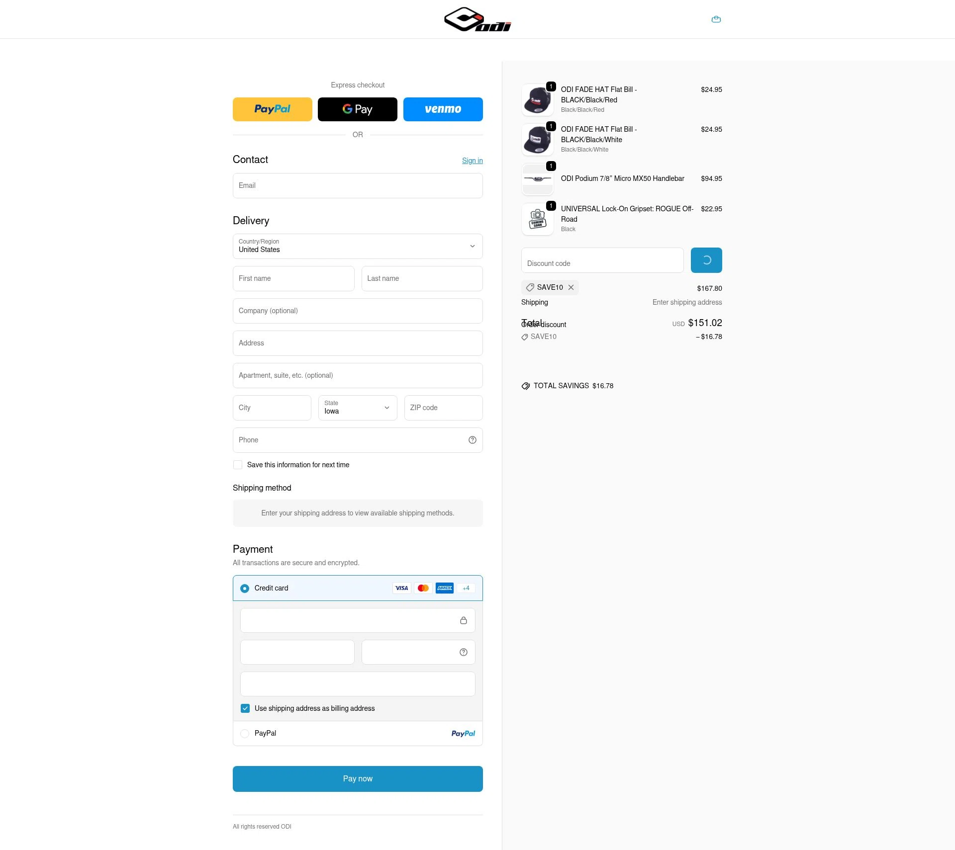 Odi Grips checkout page showing Odi Grips discount code box | Screenshot taken by SimplyCodes community member on Feb 9, 2026