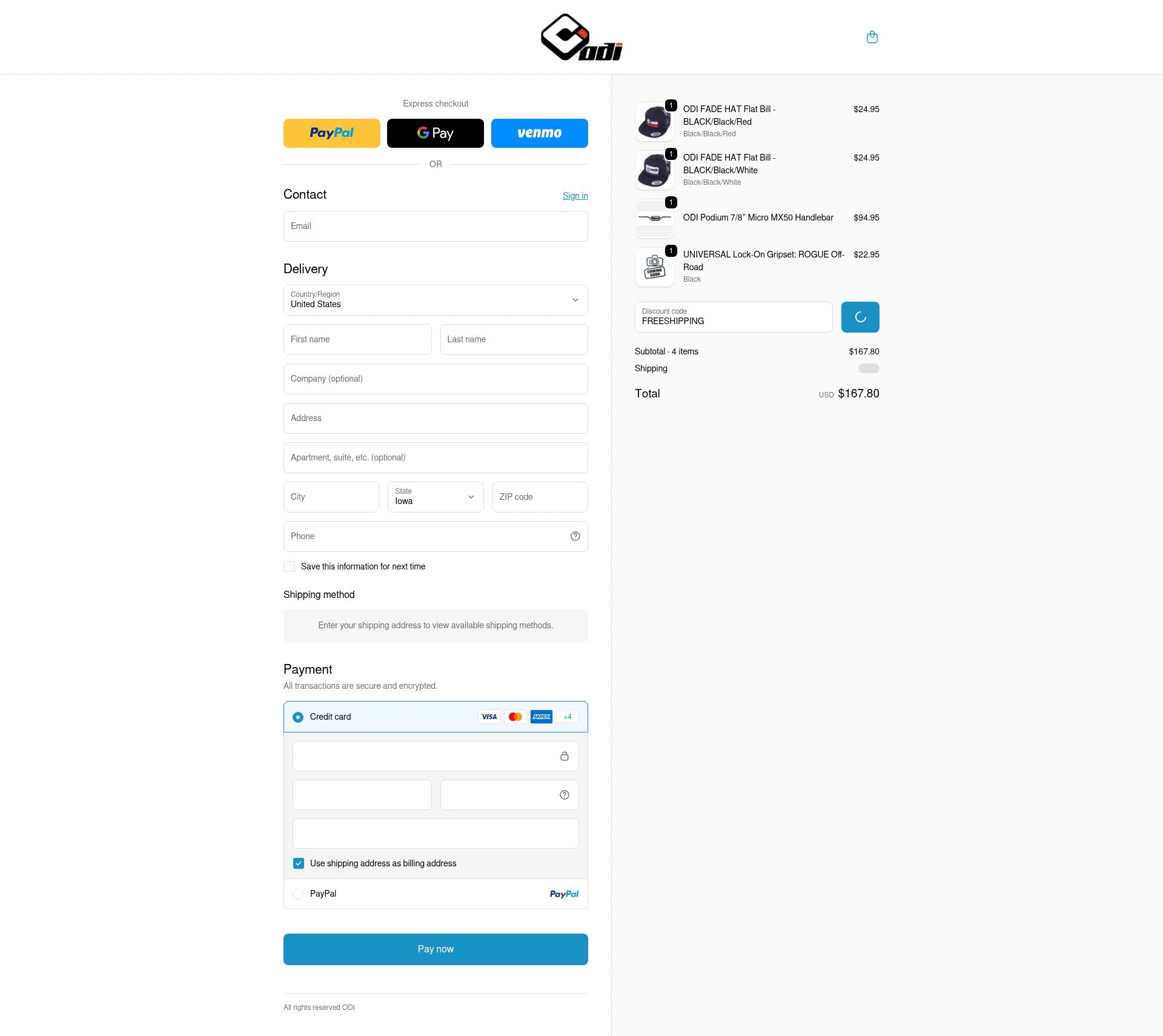 Odi Grips checkout page showing Odi Grips discount code box | Screenshot taken by SimplyCodes community member on Feb 13, 2026