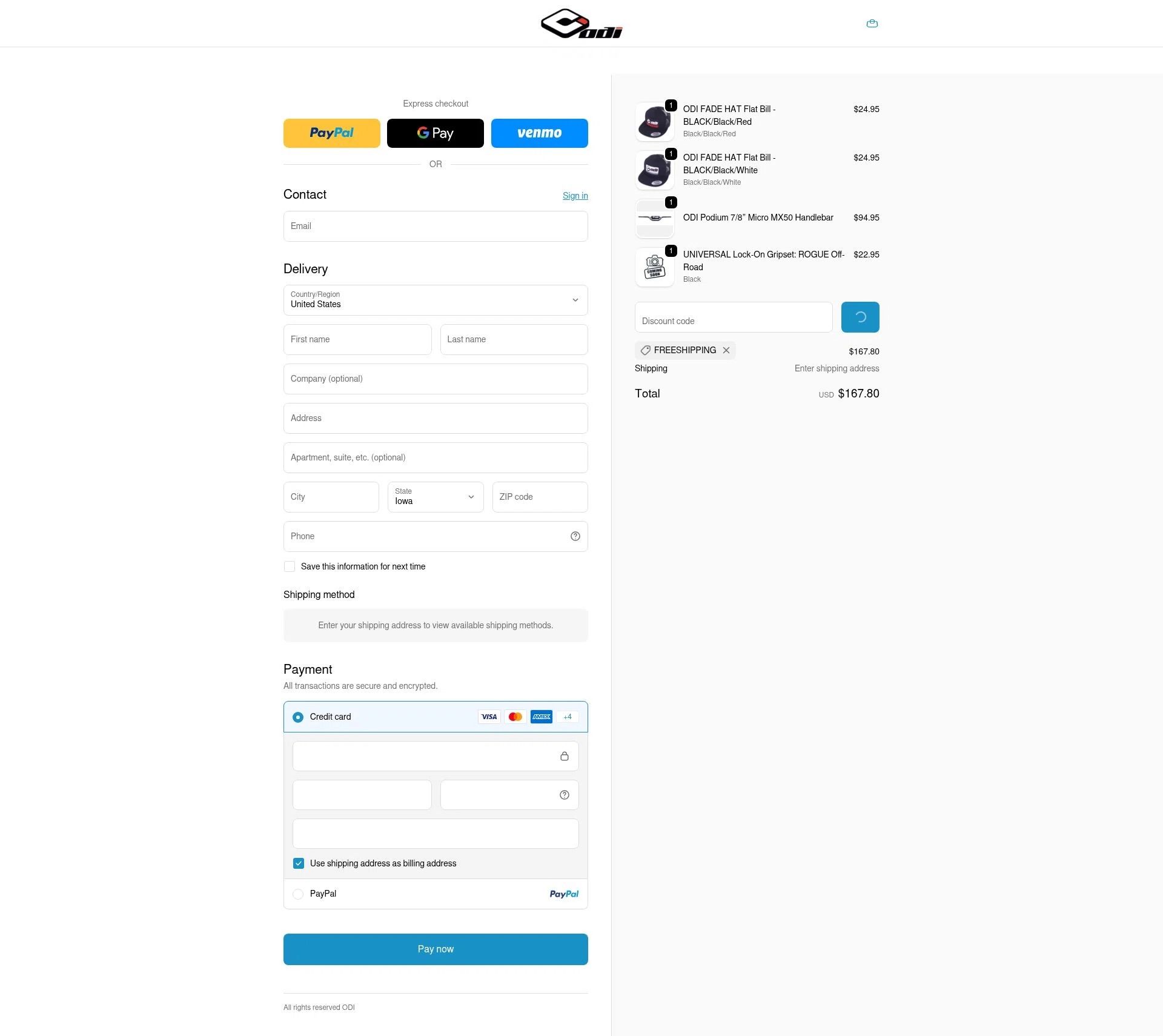 Odi Grips checkout page showing Odi Grips discount code box | Screenshot taken by SimplyCodes community member on Jan 31, 2026