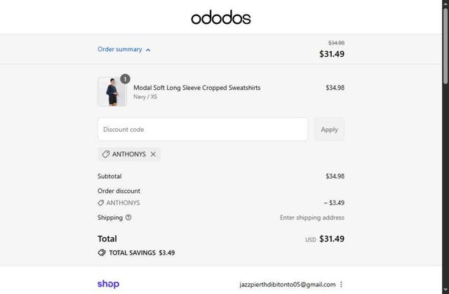 ODODOS checkout page showing ODODOS discount code box | Screenshot taken by SimplyCodes community member on Sep 11, 2025