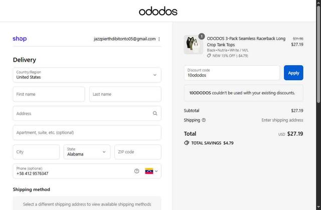 ODODOS checkout page showing ODODOS discount code box | Screenshot taken by SimplyCodes community member on Sep 12, 2025