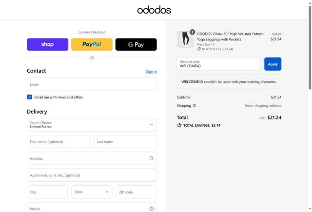 ODODOS checkout page showing ODODOS discount code box | Screenshot taken by SimplyCodes community member on Sep 13, 2025