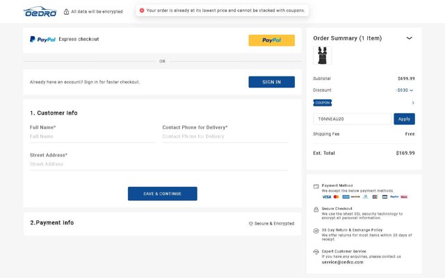 OEDRO checkout page showing OEDRO coupon code box | Screenshot taken by SimplyCodes community member on Aug 24, 2025