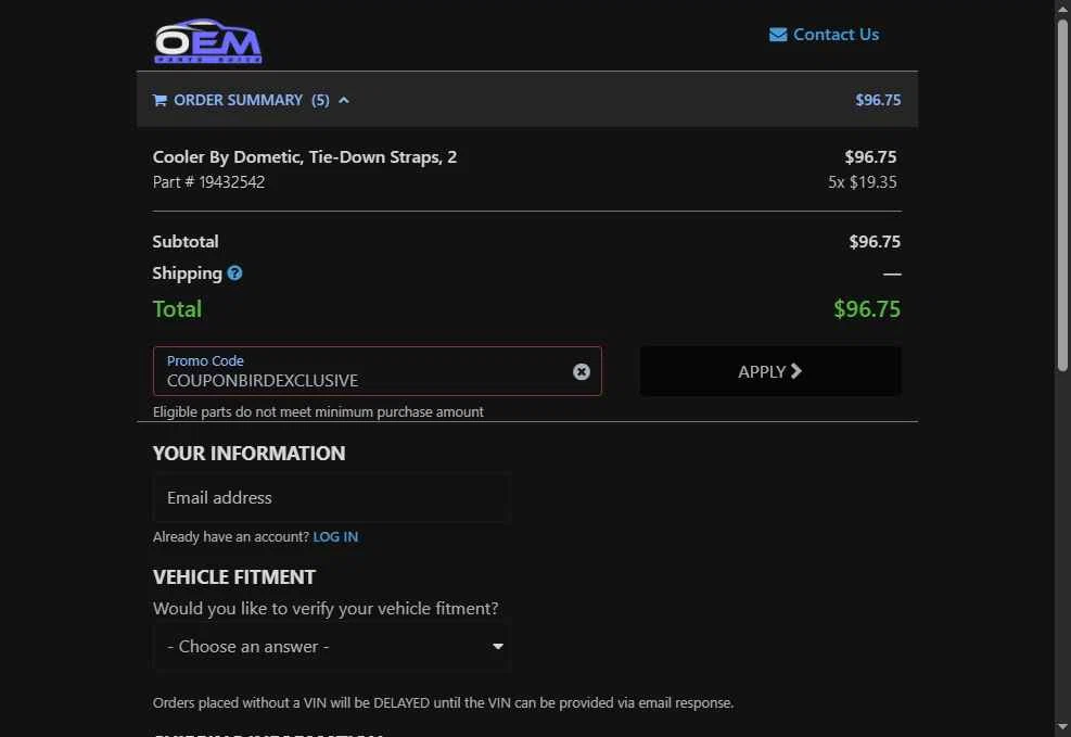 OEM Parts Quick checkout page showing OEM Parts Quick promo code box | Screenshot taken by SimplyCodes community member on May 3, 2025