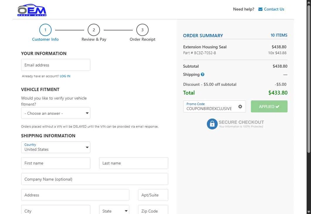 OEM Parts Quick checkout page showing OEM Parts Quick promo code box | Screenshot taken by SimplyCodes community member on Jul 11, 2025