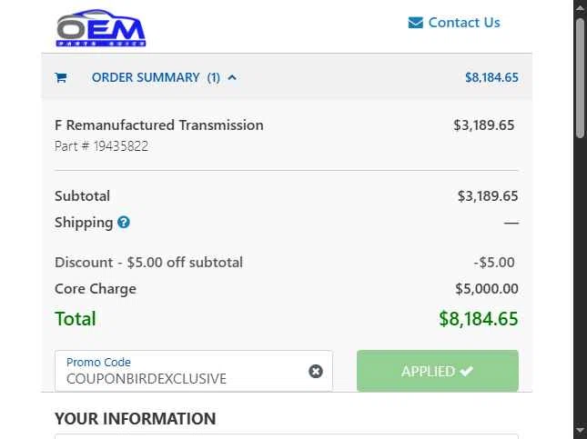 OEM Parts Quick checkout page showing OEM Parts Quick promo code box | Screenshot taken by SimplyCodes community member on Jun 10, 2025