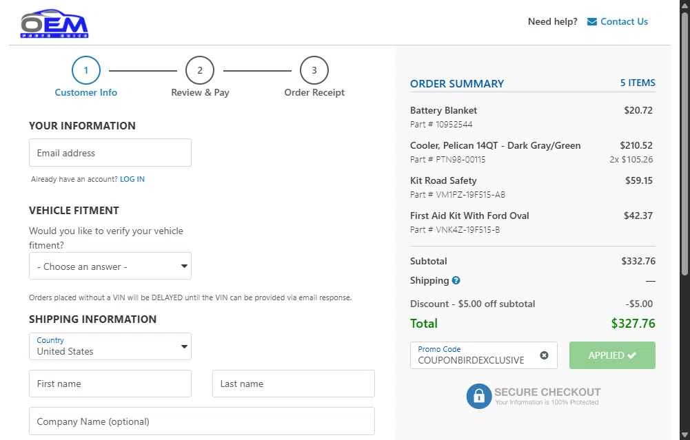 OEM Parts Quick checkout page showing OEM Parts Quick promo code box | Screenshot taken by SimplyCodes community member on Jul 11, 2025