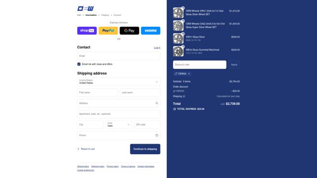 OE Wheels checkout page showing OE Wheels promo code box | Screenshot taken by SimplyCodes community member on Jul 13, 2025