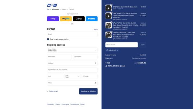 OE Wheels checkout page showing OE Wheels promo code box | Screenshot taken by SimplyCodes community member on Sep 2, 2025