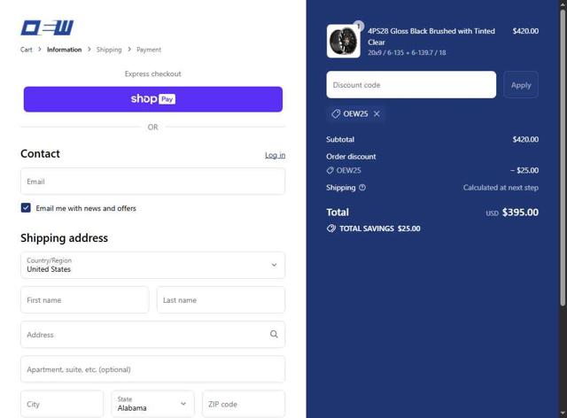 OE Wheels checkout page showing OE Wheels promo code box | Screenshot taken by SimplyCodes community member on Jul 9, 2025