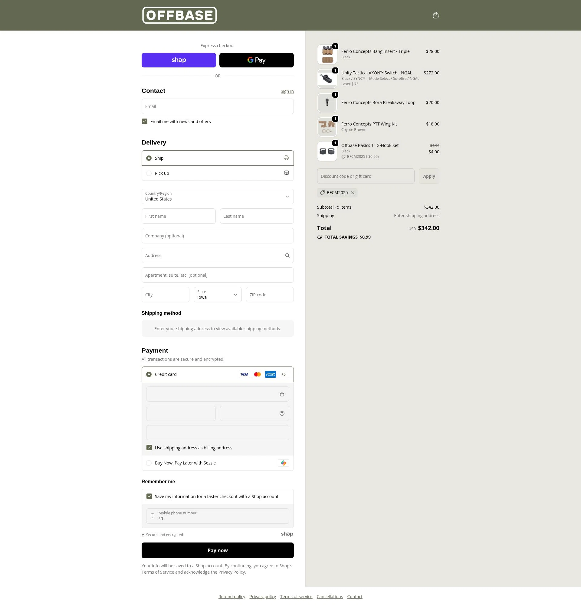 Offbase Supply Co. checkout page showing Offbase Supply Co. discount code box | Screenshot taken by SimplyCodes community member on Nov 28, 2025