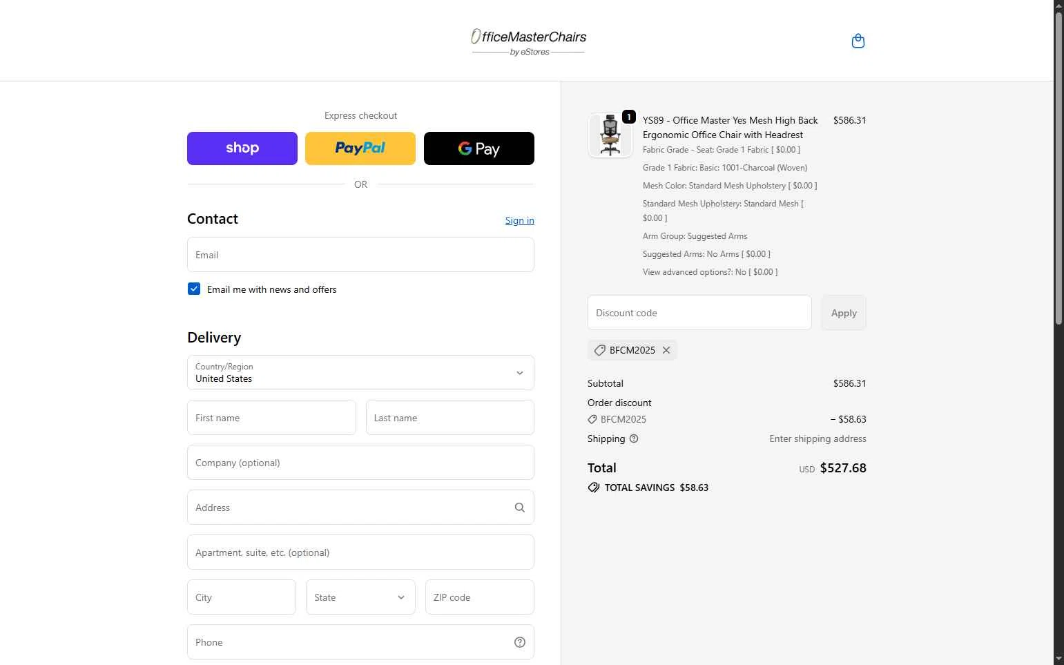 Office Master Chairs checkout page showing Office Master Chairs promo code box | Screenshot taken by SimplyCodes community member on Nov 29, 2025