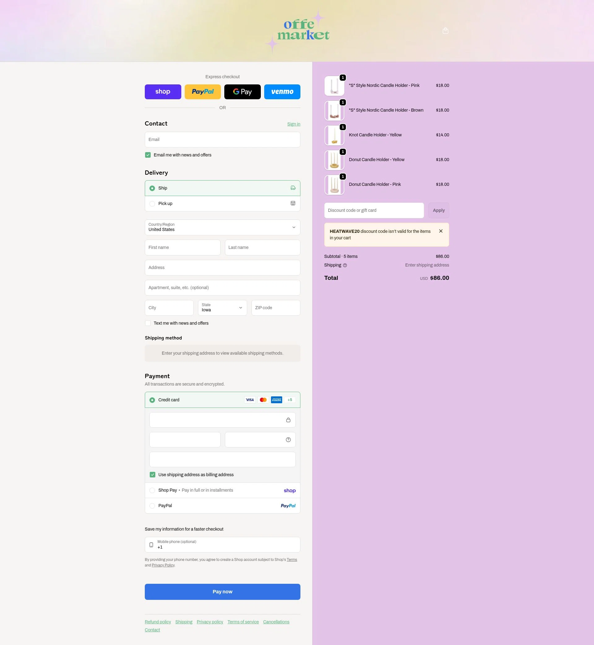 offe market checkout page showing offe market discount code box | Screenshot taken by SimplyCodes community member on Feb 18, 2026